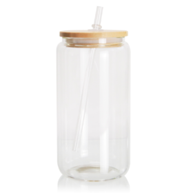 16 Oz Sublimation Clear Glass Can Wooden Top