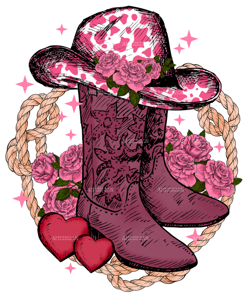 Boots Roses And Hearts Western Valentines DTF Transfer