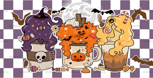 Purple Checkered Halloween Coffee UV DTF Transfer