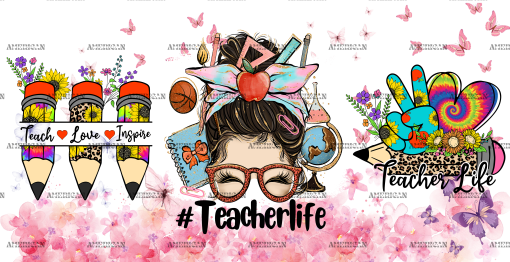 Teacher Life Messy Bun Butterfly UV DTF Transfer