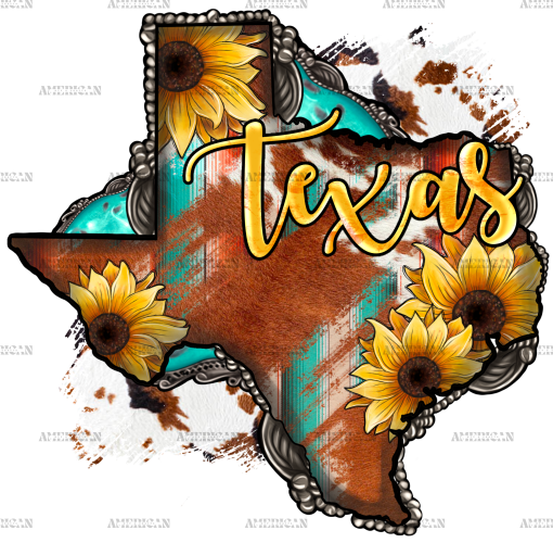 Cowhide Sunflower Texas Map DTF Transfer