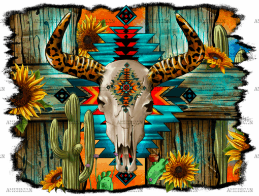 Leopard Horn Bull Skull Aztec DTF Transfer