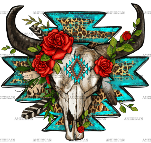 Roses With Aztec Bull Skull DTF Transfer