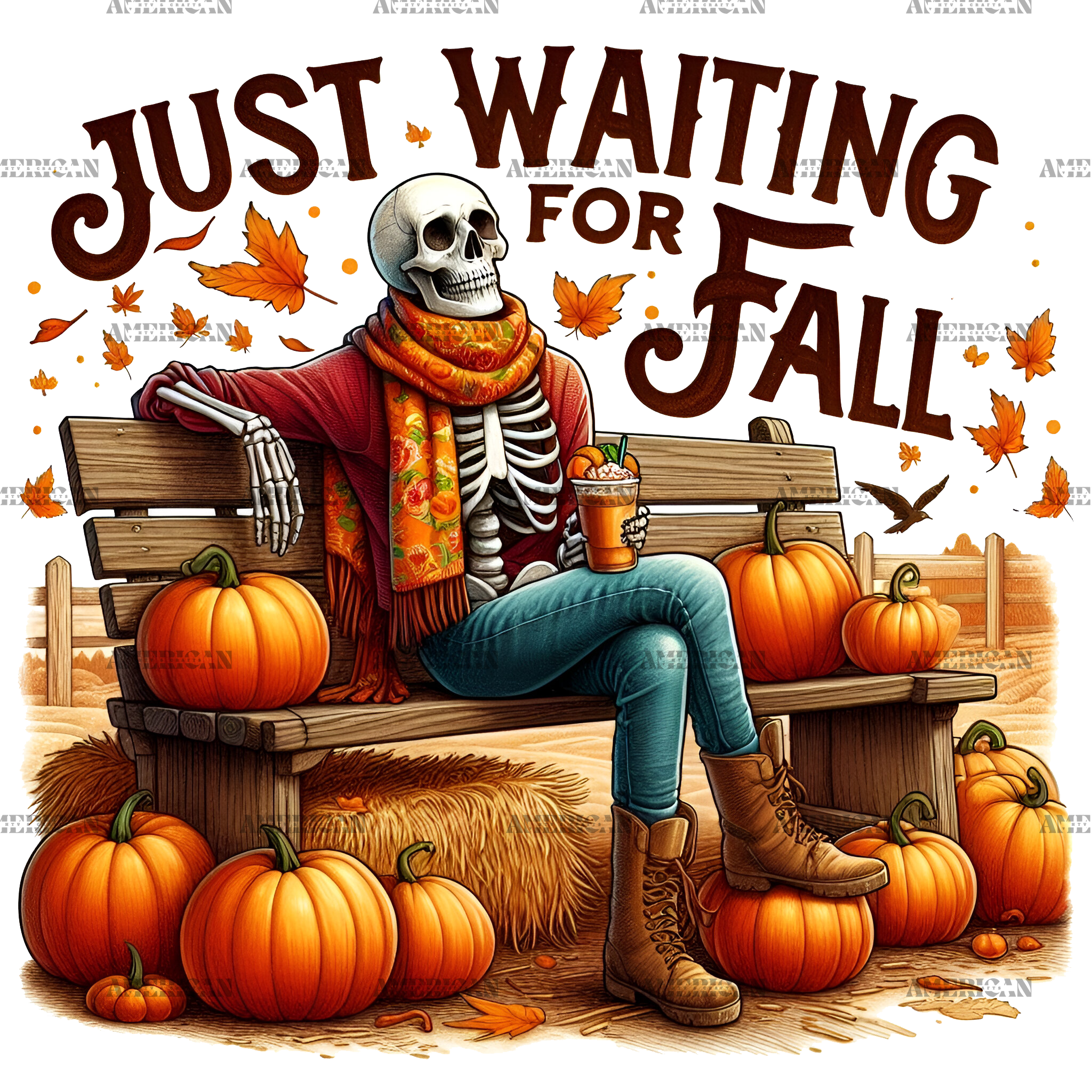 Just Waiting For Fall Skeleton-2 DTF Transfer